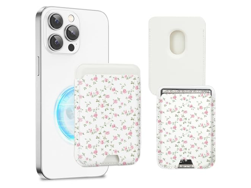 Magnetische kaarthouder portemonnee compatibel met iPhone, geschikt voor 3 kaarten, roze