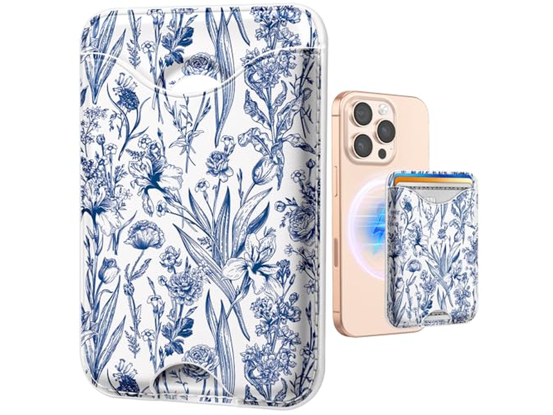 Magnetische kaarthouder portemonnee voor iPhone - Blauw bloemenpatroon Geschikt voor 3 C