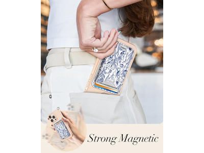 Magnetische kaarthouder portemonnee voor iPhone - Blauw bloemenpatroon Geschikt voor 3 C