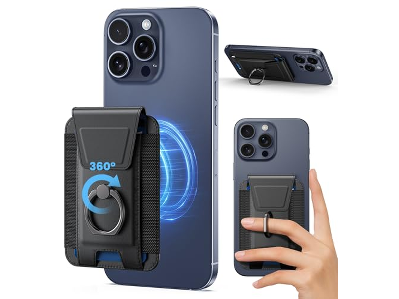 Magnetische portemonnee met verstelbare 360 graden ring en RFID-blokkeerklep