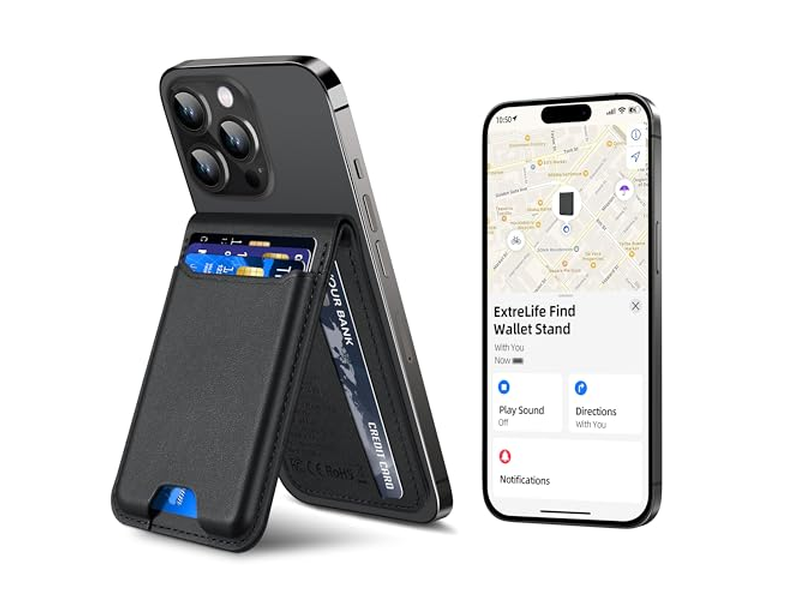 Magnetische portemonnee met verstelbare standaard 3 kaartsleuven Veganistisch leer Zw